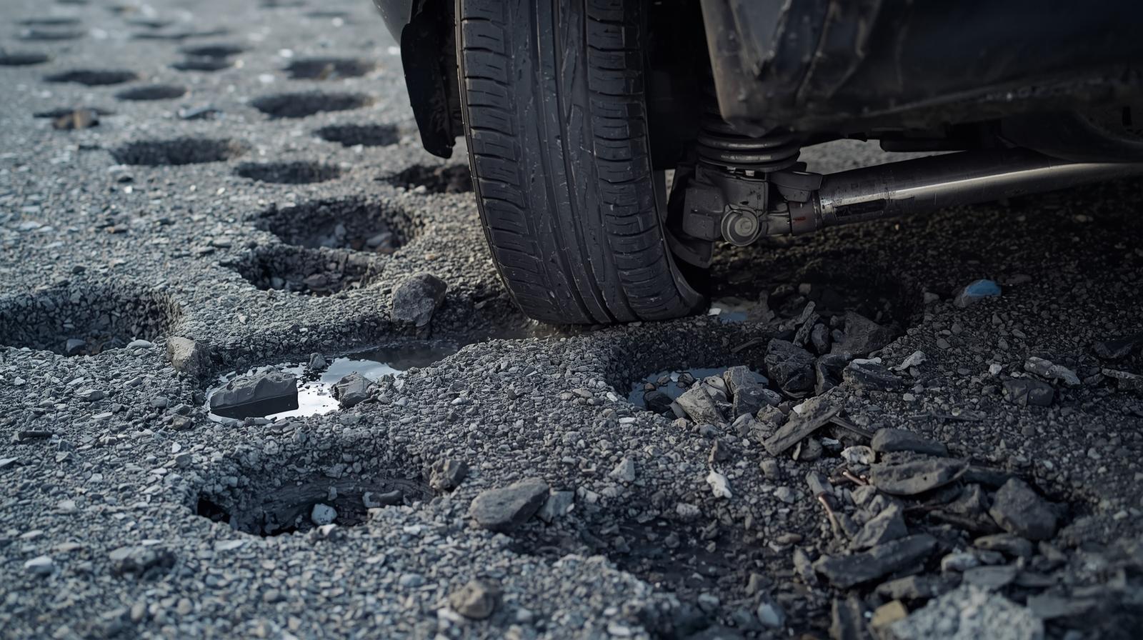 car suspension broken on road with potholes